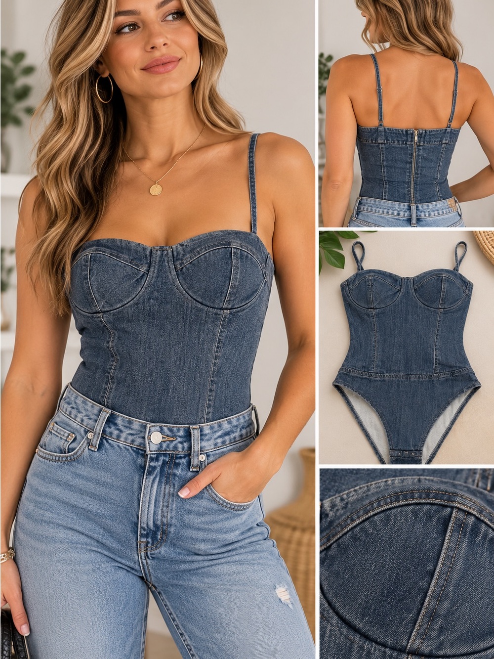 Haute Monde Dark Blue Denim Bustier Bodysuit